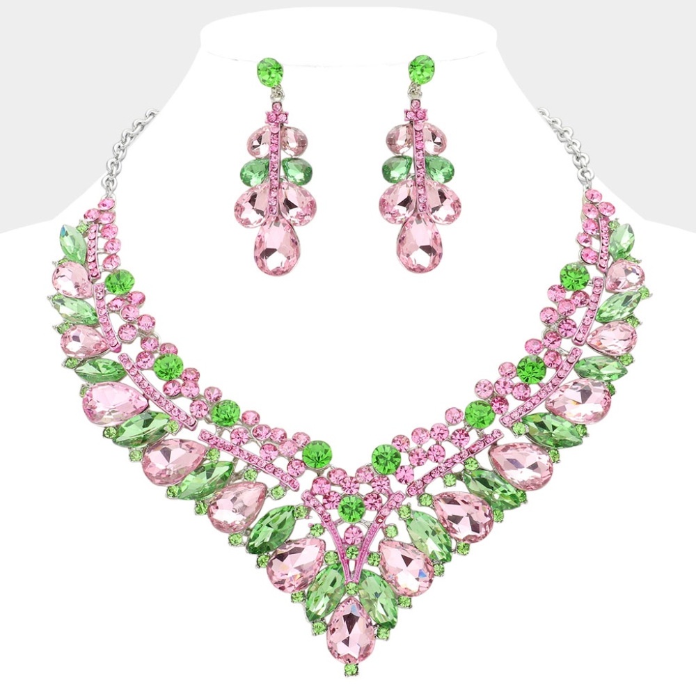 Teardrop Marquise Round Stone Embellished V Shaped Evening Necklace